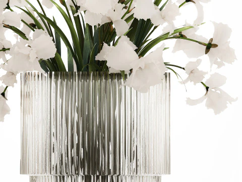Beautiful white bouquet in a glass vase with flowers Iris 566 3D Model