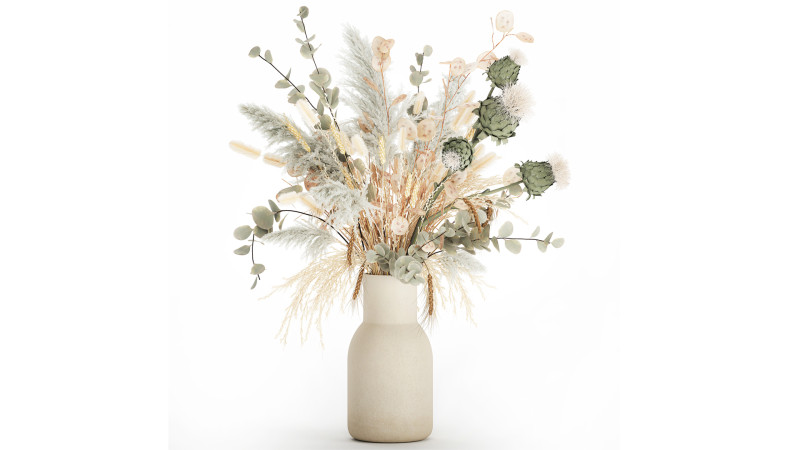 White bouquet of dried flowers in a vase with dry branches pampas 572 3D Model .c4d .max .obj .3ds .fbx .stl .blend