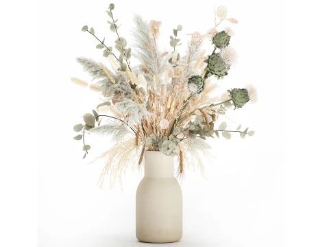 乾燥した枝のパンパ 572 が付いた花瓶にドライフラワーの白い花束 3Dモデル