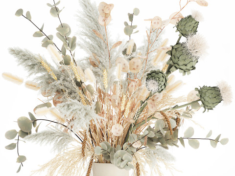 White bouquet of dried flowers in a vase with dry branches pampas 572 3D Model