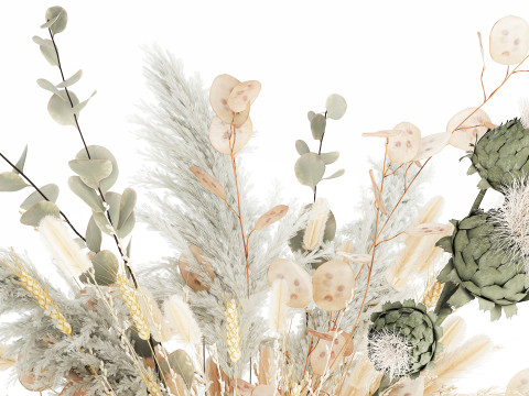 White bouquet of dried flowers in a vase with dry branches pampas 572 3D Model
