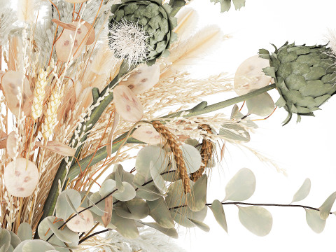 White bouquet of dried flowers in a vase with dry branches pampas 572 3D Model