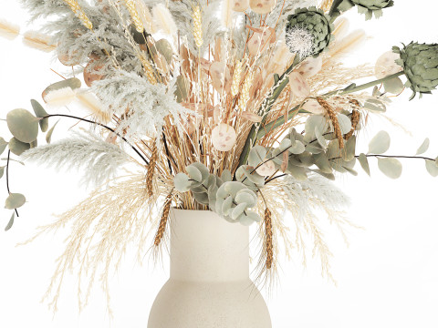 White bouquet of dried flowers in a vase with dry branches pampas 572 3D Model