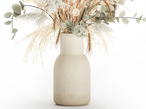 White bouquet of dried flowers in a vase with dry branches pampas 572 3D Model