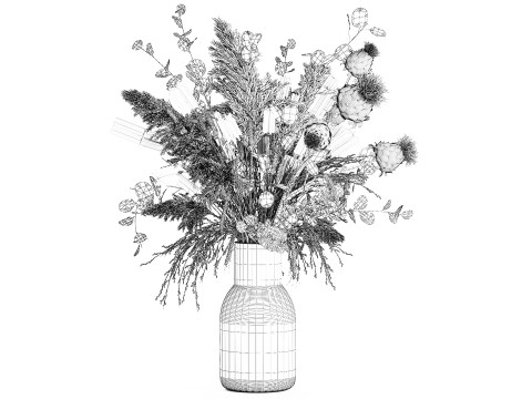 White bouquet of dried flowers in a vase with dry branches pampas 572 3D Model