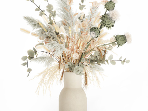 White bouquet of dried flowers in a vase with dry branches pampas 572 3D Model