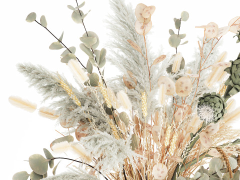 White bouquet of dried flowers in a vase with dry branches pampas 572 3D Model