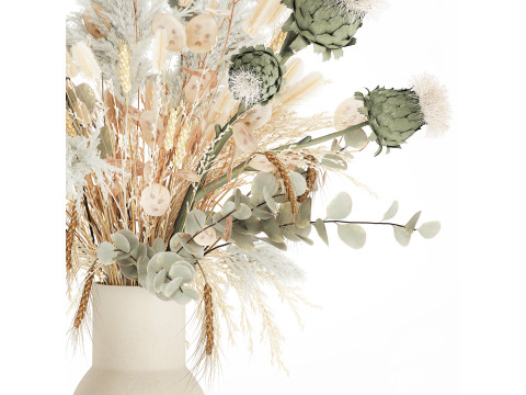 White bouquet of dried flowers in a vase with dry branches pampas 572 3D Model