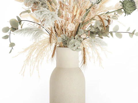 White bouquet of dried flowers in a vase with dry branches pampas 572 3D Model