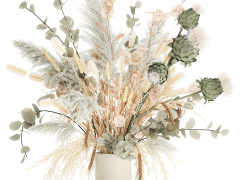 White bouquet of dried flowers in a vase with dry branches pampas 572 3D Model