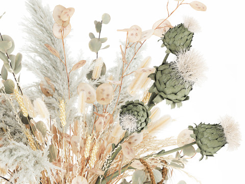 White bouquet of dried flowers in a vase with dry branches pampas 572 3D Model
