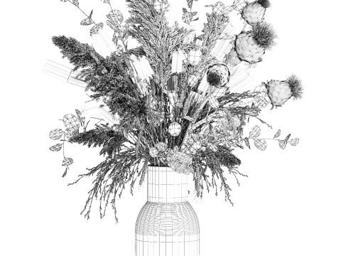 White bouquet of dried flowers in a vase with dry branches pampas 572 3D Model