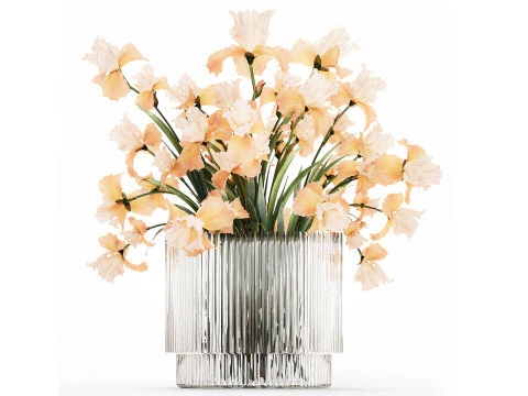 유리 꽃병에 꽃 아이리스 573이 있는 아름다운 꽃다발 3D 모델