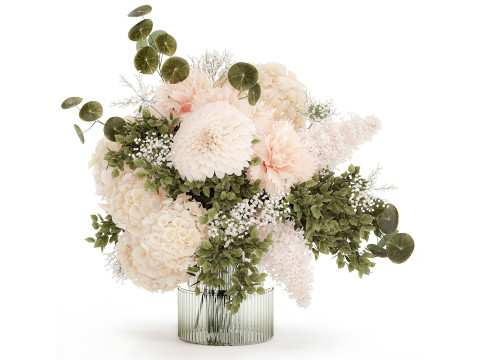 Small Bouquet In Vase Hydrangea Chrysanthem Lilac 579 3D Model