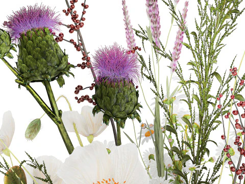 Lindo buqu&ecirc; de flores brancas silvestres papoula 585 Modelo 3D
