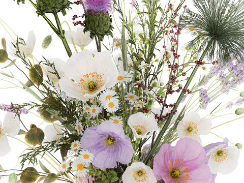Beautiful Bouquet Of White Wild Flowers poppy 585 Modello 3D
