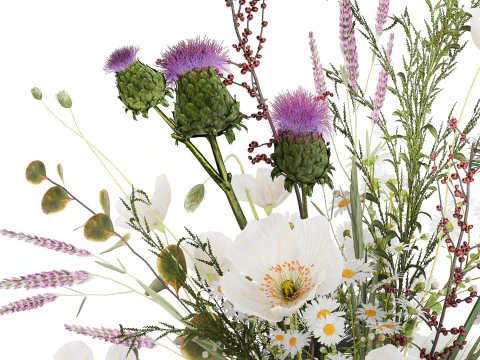 Lindo buqu&ecirc; de flores brancas silvestres papoula 585 Modelo 3D