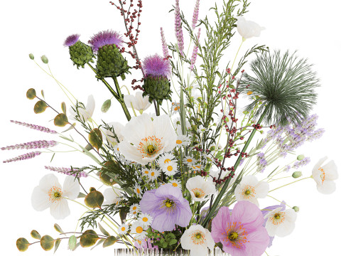 Beautiful Bouquet Of White Wild Flowers poppy 585 Modello 3D