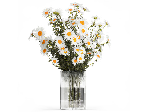 Lush Festive Bouquet Glass Vase White Chamomile 588 3D Model