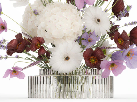 Flower Bouquet Vase Hydrangea Poppy Lavender 593 3D Model