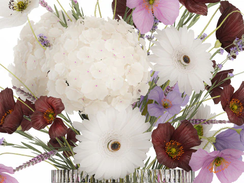Flower Bouquet Vase Hydrangea Poppy Lavender 593 3D Model