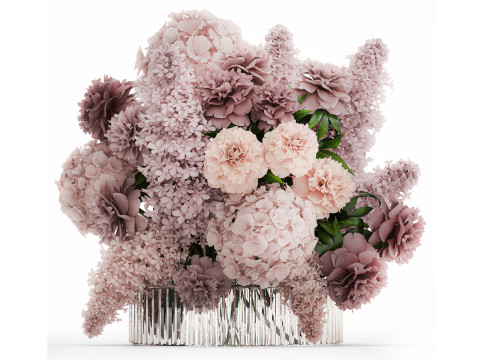 Bouquet in a glass vase flowers peony lilacs hydrangea 600 3D Model