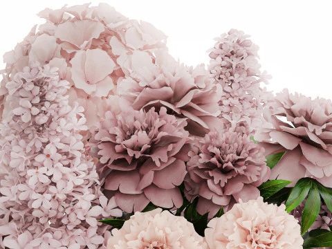 Bouquet in a glass vase flowers peony lilacs hydrangea 600 3D Model