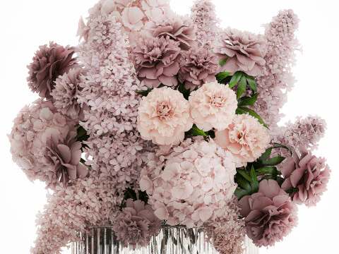 Bouquet in a glass vase flowers peony lilacs hydrangea 600 3D Model