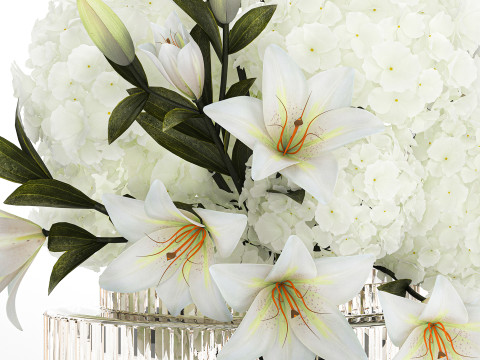 Festive bouquet in a glass vase with white hydrangea lilies 602 3Dモデル