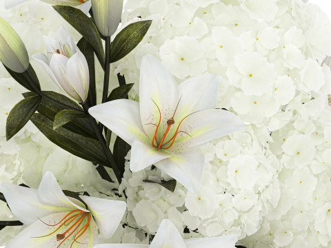 Festive bouquet in a glass vase with white hydrangea lilies 602 3Dモデル