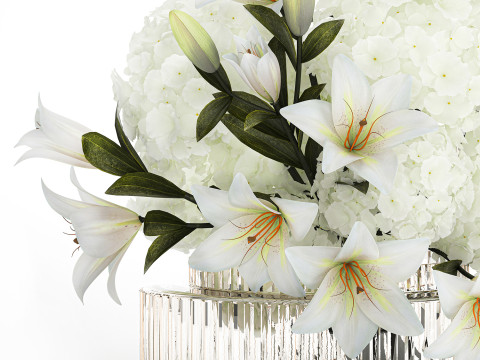 Festive bouquet in a glass vase with white hydrangea lilies 602 3Dモデル