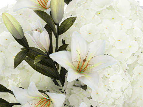 Festive bouquet in a glass vase with white hydrangea lilies 602 3Dモデル