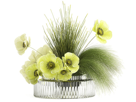 Bouquet Of Green Flowers Poppy And Grass In Glass 603 3D Modell