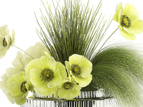 Ramo De Flores Verdes Amapola Y Hierba En Vidrio 603 Modelo 3D