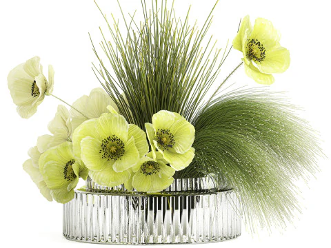 Ramo De Flores Verdes Amapola Y Hierba En Vidrio 603 Modelo 3D