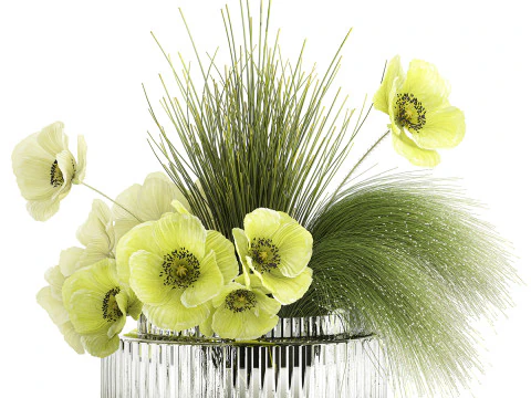 Ramo De Flores Verdes Amapola Y Hierba En Vidrio 603 Modelo 3D