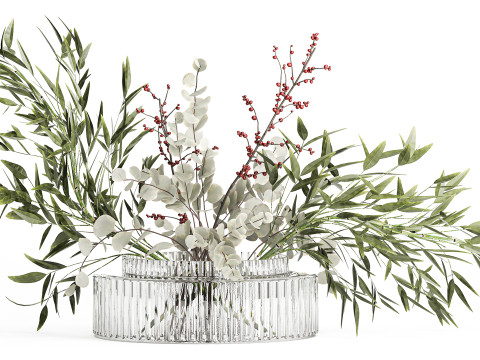 Bouquet of green branches flowers bamboo ilex Eucalyptus 605 3D Модель