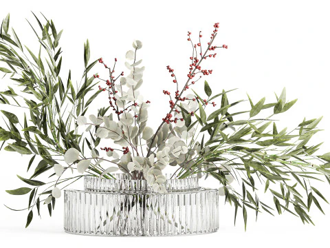 Bouquet of green branches flowers bamboo ilex Eucalyptus 605 3D Model