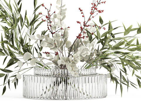 Bouquet of green branches flowers bamboo ilex Eucalyptus 605 3D Model
