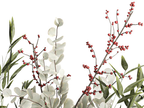 Bouquet of green branches flowers bamboo ilex Eucalyptus 605 3D Модель