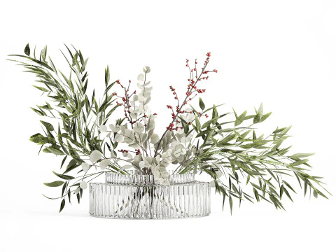 Bouquet of green branches flowers bamboo ilex Eucalyptus 605 3D Model