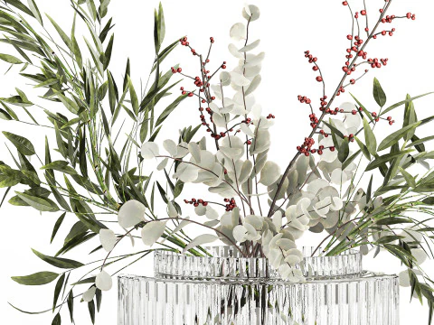 Bouquet of green branches flowers bamboo ilex Eucalyptus 605 3D Model