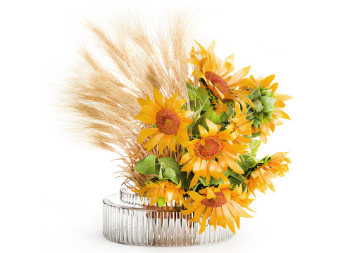 Beautiful bouquet yellow wild flowers wheat ears sunflower 607 3D Модель