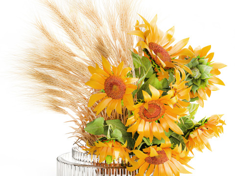 Beautiful bouquet yellow wild flowers wheat ears sunflower 607 3D Model