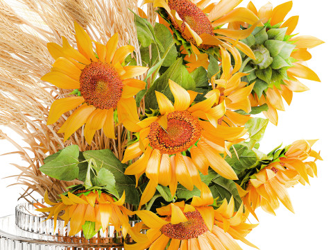 Beautiful bouquet yellow wild flowers wheat ears sunflower 607 3D Model