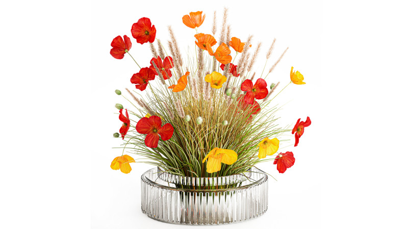 Beautiful Bouquet Red Yellow Wild Flowers Poppy grass vase Modello 3D .c4d .max .obj .3ds .fbx .stl .blend