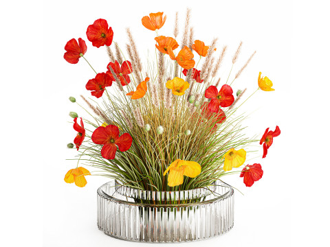 Beautiful Bouquet Red Yellow Wild Flowers Poppy grass vase Modelo 3D