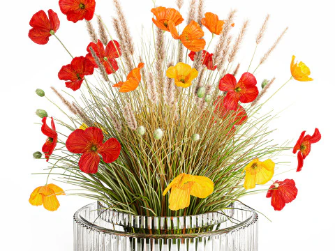 Beautiful Bouquet Red Yellow Wild Flowers Poppy grass vase 3D Model