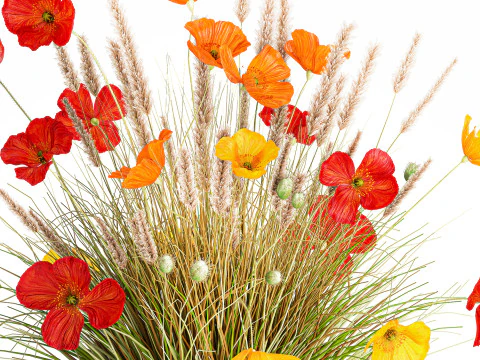 Beautiful Bouquet Red Yellow Wild Flowers Poppy grass vase 3D Model
