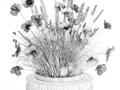 Beautiful Bouquet Red Yellow Wild Flowers Poppy grass vase 3D Model